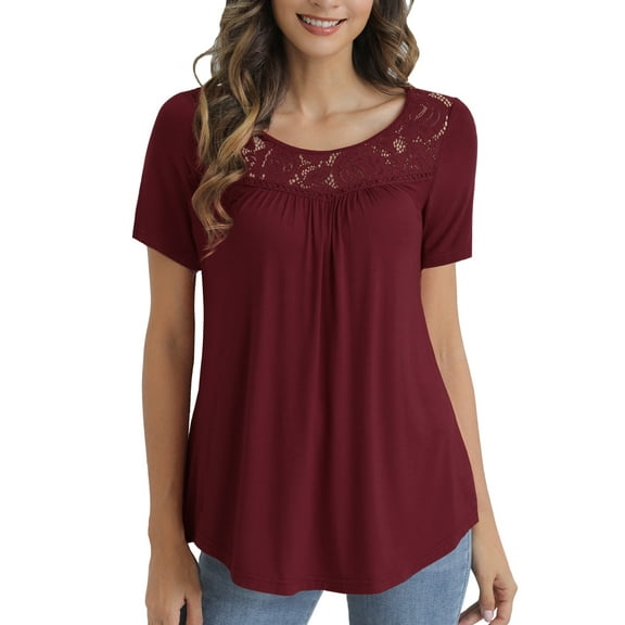 VERABENDI Women's Plus Size Tops Summer Short Sleeve Lady Tunic Shirts Lace Splicing Blouses,M-4XL