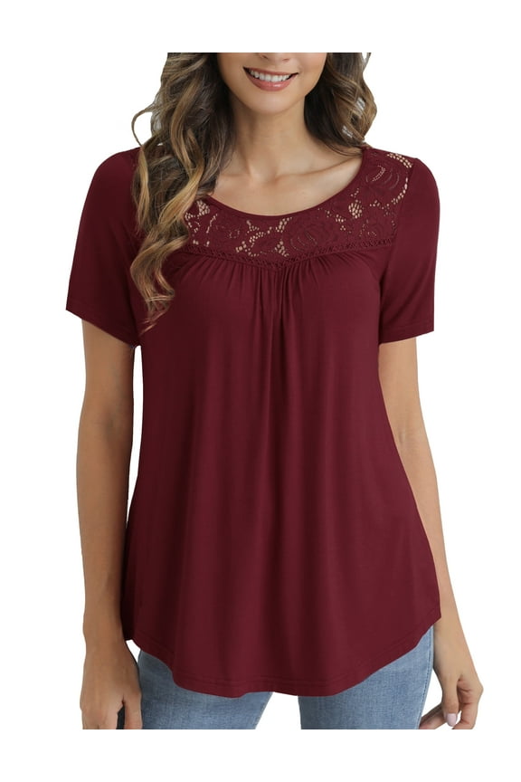 Women's Plus Size Tops Summer Short Sleeve Lady Tunic Shirts Lace Splicing Blouses,M-4XL