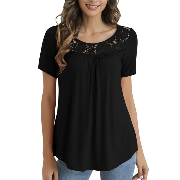 VERABENDI Women's Plus Size Tops Summer Short Sleeve Lady Tunic Shirts Lace Splicing Blouses,M-4XL