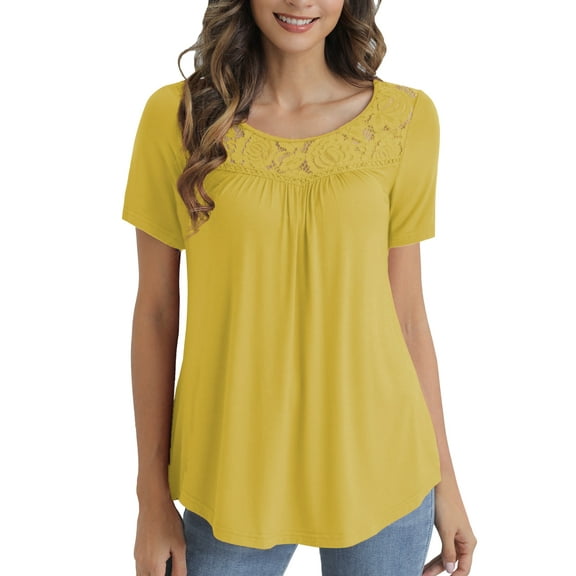 VERABENDI Women's Plus Size Tops Summer Short Sleeve Lady Tunic Shirts Lace Splicing Blouses,M-4XL