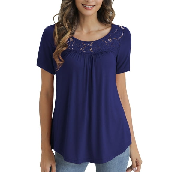 VERABENDI Women's Plus Size Tops Summer Short Sleeve Lady Tunic Shirts Lace Splicing Blouses,M-4XL