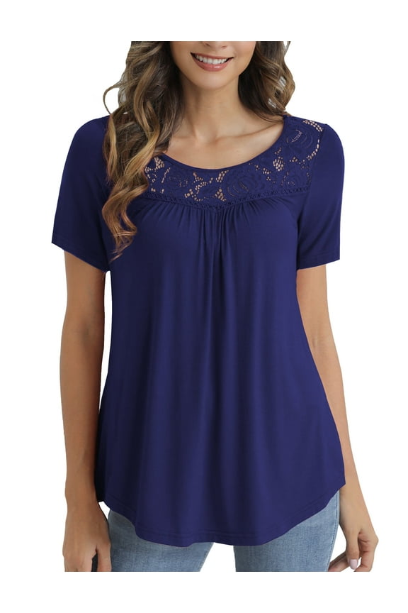 Women's Plus Size Tops Summer Short Sleeve Lady Tunic Shirts Lace Splicing Blouses,M-4XL