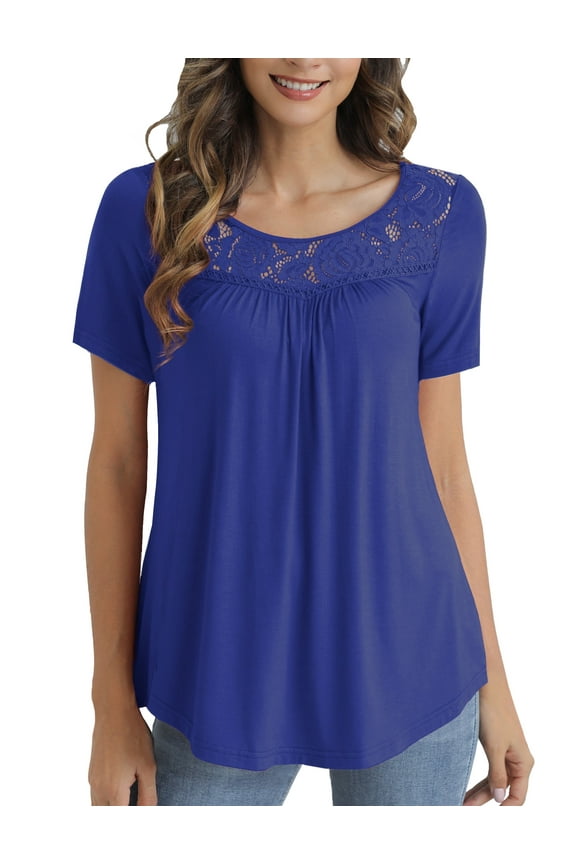 Women's Plus Size Tops Summer Short Sleeve Lady Tunic Shirts Lace Splicing Blouses,M-4XL