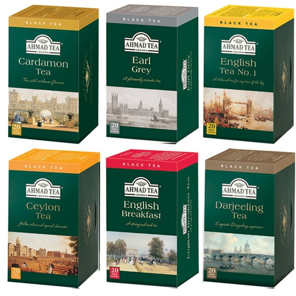 Ahmad Black Tea Classic Variety Pack with English Breakfast, English Tea No.1, Darjeeling Tea, Ceylon Tea, Earl Grey Tea & Cardamon Tea, 20 bags each (Pack of 6)