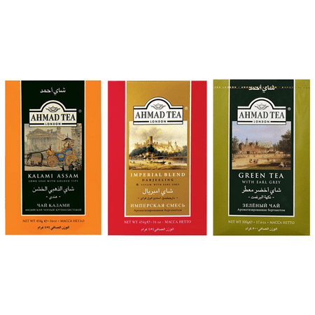 Ahmad Loose Leaf Tea Variety Pack with Imperial Blend Black Tea, Green Tea With Earl Grey & Kalami Assam Black Tea, 16 each (Pack of 3)