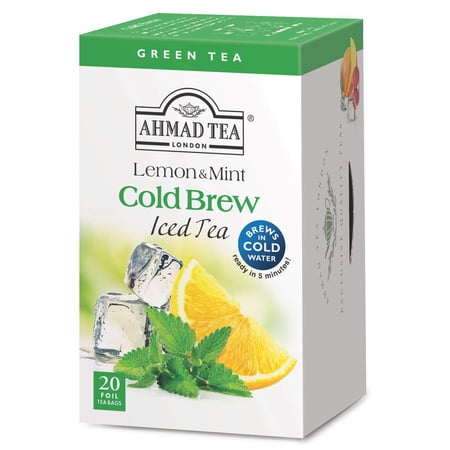 Ahmad Tea Cold Brew Lemon & Mint Green Iced Tea, 20 Foil Teabags (Pack Of 6)