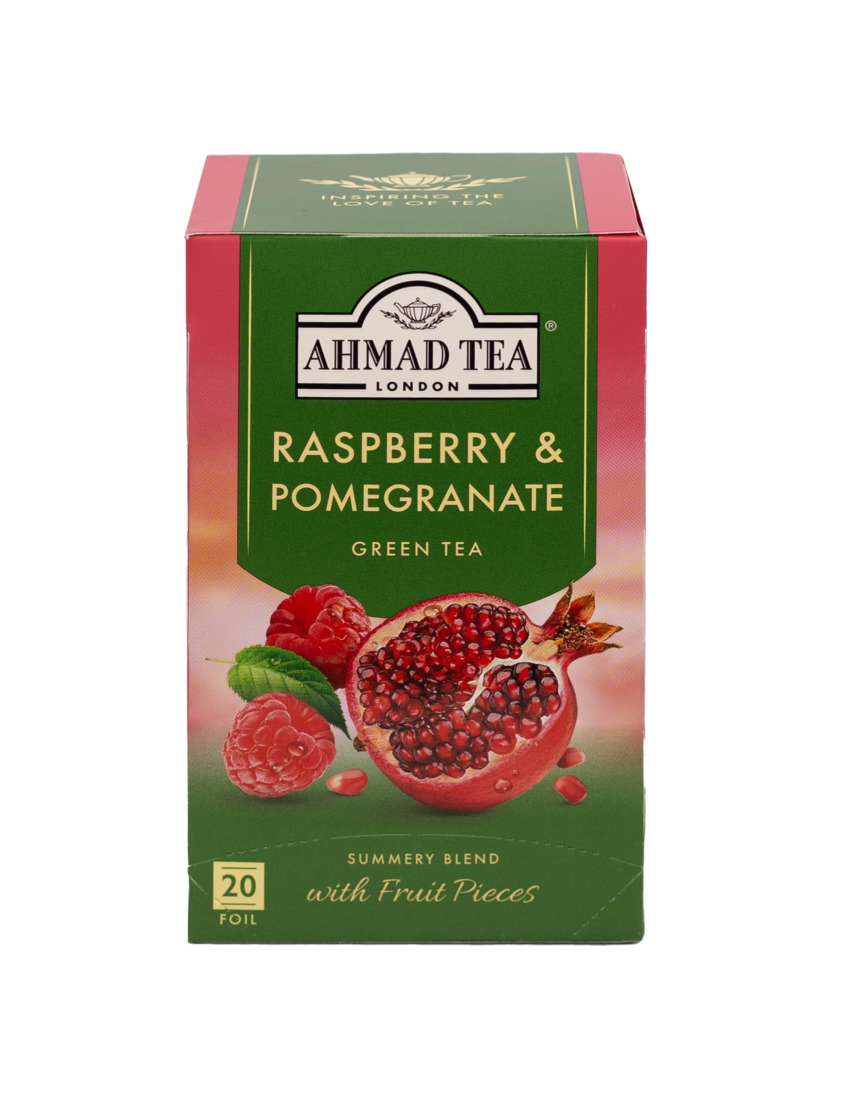 6 packs -Ahmad Raspberry & Pomegranate flavored Green Tea with Fruit Pieces 20 T/B