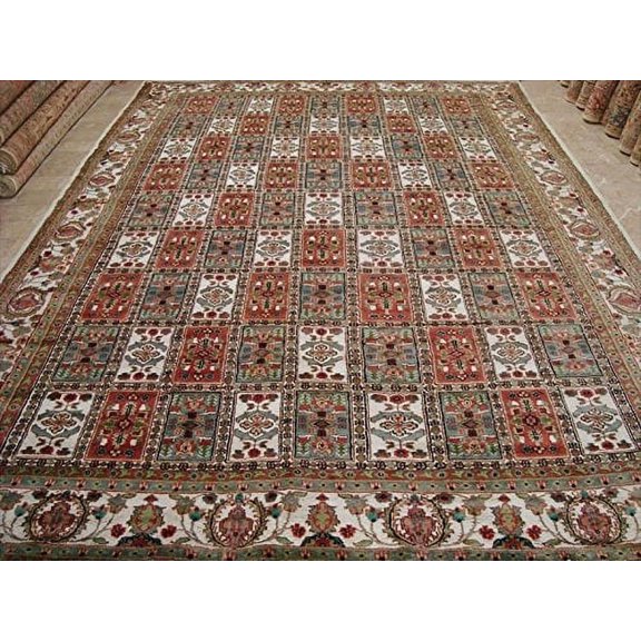 Ahmedani Linen Bakhtiari Floral Blocks Rectangle Area Rug Hand Knotted Home Decor Wool Silk Indoor Carpet (12.5 x 9.1)'