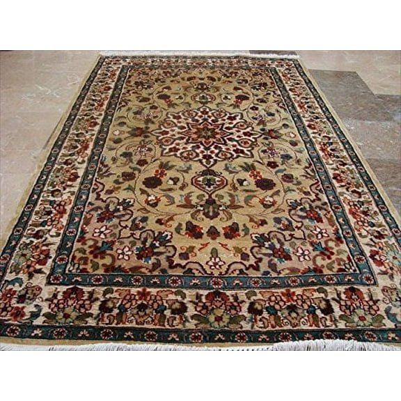 Ahmedani Linen Beige Ivory Lovely Medallion Flower Home Decor Area Rug Hand Knotted Wool Silk Indoor Carpet (6 x 4) Foot