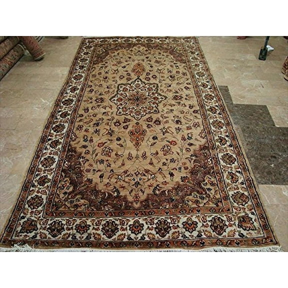 Ahmedani Linen Beige Tan Floral Home Decor Living Room & Bedroom Rectangle Area Rug Hand Knotted Wool Silk Carpet (9.8 x 5.1)'