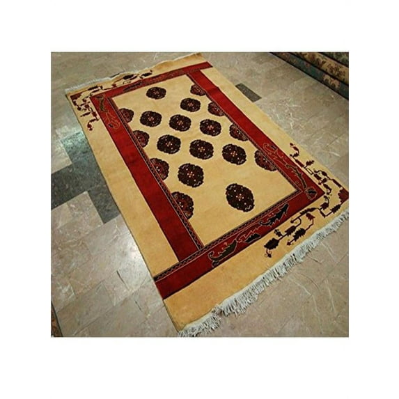 Ahmedani Linen Elephant Foot Print Bokhara Afghan Vege Dyed Home Decor Area Rug Hand Knotted Indoor Carpet (7.5 x 5)'