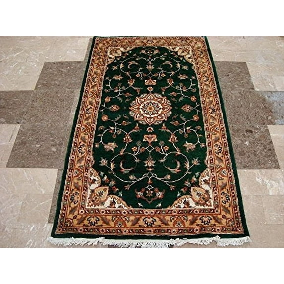 Ahmedani Linen Exclusive Dark Green Floral Medallion Adult Home Decor Floor Area Rug Hand Knotted Wool Silk Indoor Carpet (5 x 3)'