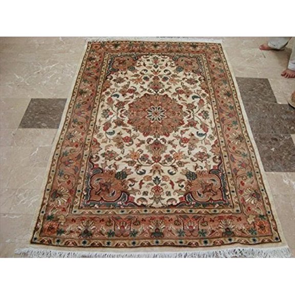 Ahmedani Linen Exclusive Ivory Medallion Taj Rectangle Adult Any Room Home Decor Area Rug Wool Silk Hand Knotted Indoor Carpet (6 x 4)'