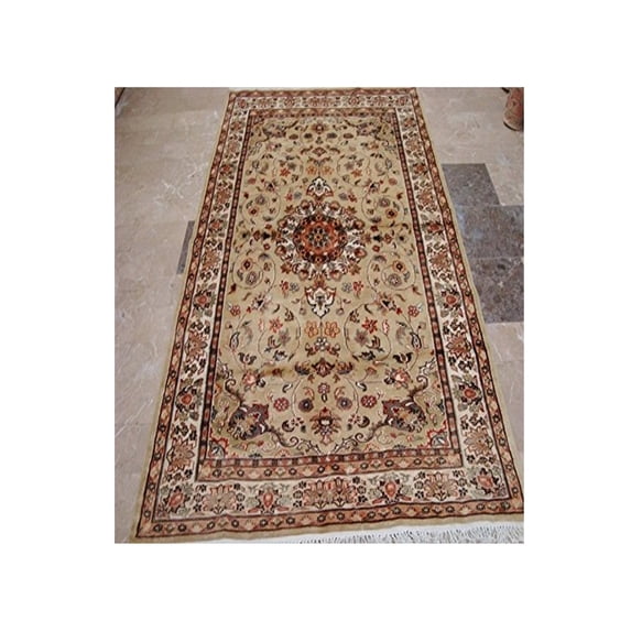 Ahmedani Linen Love Exotic Beige Floral Medallion Rectangle Home Decor Area Rug Hand Knotted Wool Silk Indoor Carpet (8 x 5) Foot