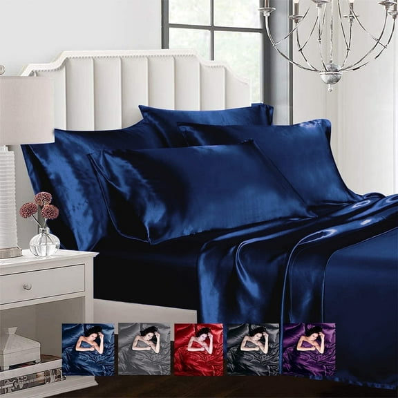 Ahmedani Linen Sexy Satin Sheets 6 Pcs (Queen/King) Bedding Set 1 Duvet Cover + 1 Fitted Sheet + 4 Pillow Cases (Many Colors) Navy Queen