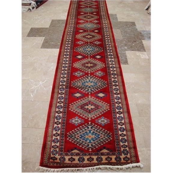 Ahmedani Linen Shirvan Kuba Veg Dyed Kazak Hand Knotted Multicolor Home Decor Rectangle Wool Indoor Runner Rug (12.1 x 2.8)'