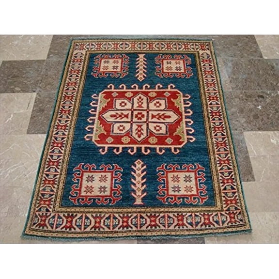 Ahmedani Linen Super Kazak Caucasion Geometric Veg Dyed Mahal Adult Indoor Living Room & Bedroom Area Rug Hand Knotted Carpet (4.5 x 3.4)'