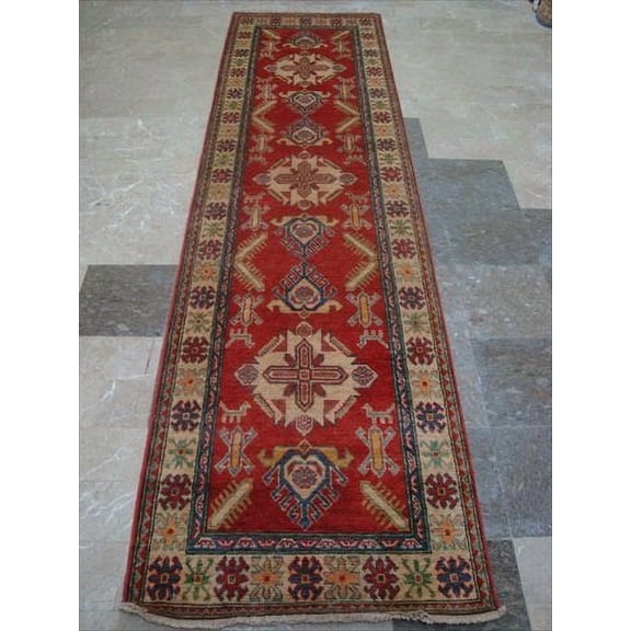 Ahmedani Linen Super Kazak Traditional Designed Rug Carpet, Multicolor, Hand Knotted Runner Rug, 10.4' x 2.9'