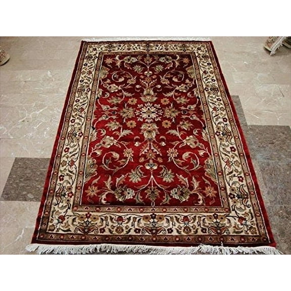 Ahmedani Linen Wow Red Ivory Flowers Allover Hand Knotted Area Rug Adult Indoor Home Decor Wool Silk Carpet (6 x 4) Foot
