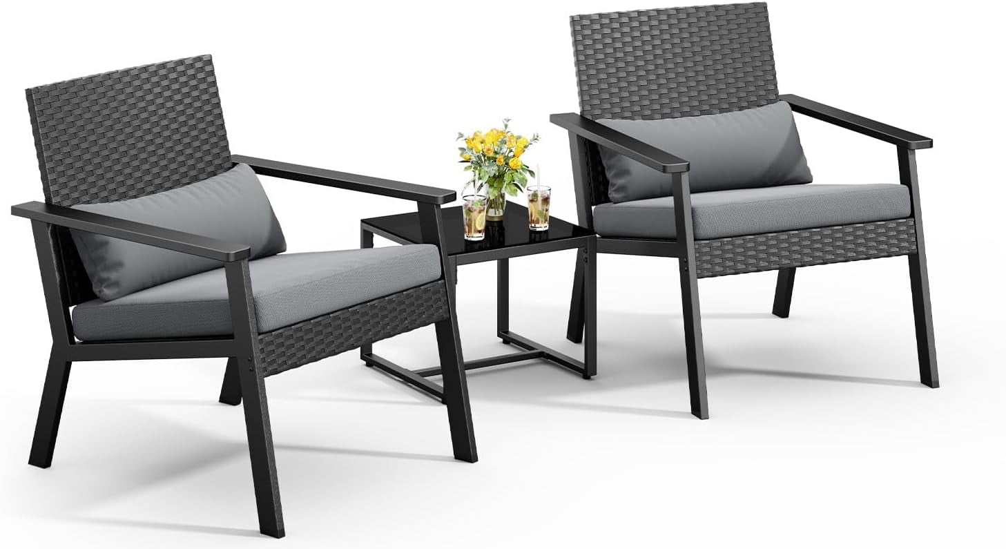 Ahomly 3-Piece Wicker Small Outdoor Patio Furniture Set with Glass ...