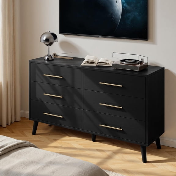 Ahomly 6 Drawer Dresser for BedroomModern Dresser with Anti-Tip Kit, Ample Storage & Silent Gliding Slides, Wooden Chest of Drawers for Living Room, Entryway, Nursery, Black