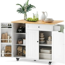 Ahomly Kitchen Island with Storage, Island Table for Kitchen with Drop Leaf, 5 Wheels, Interal Storage Rack, a Drawer, Spicy Rack and Towel Bar, Sufficient Countertop Space and Storage, White