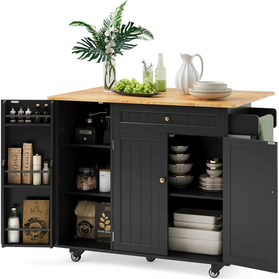 Ahomly Kitchen Island with Storage, Island Table for Kitchen with Drop Leaf, 5 Wheels, a Drawer, Spicy Rack and Towel Bar, Black