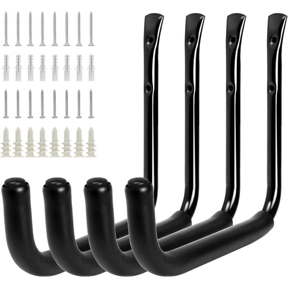 Ahot 10" Garage Organization Wall Hooks, 66 LB Heavy Duty Water Hose Holder for Hanging Ladder Extension Cord Garden Tool Cable, 4 Pcs, Black