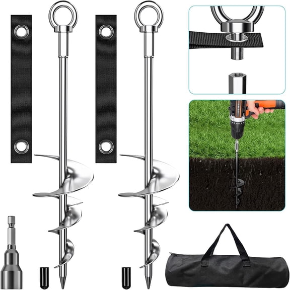 Ahot 18'' Ground Anchors, Fully Welded Heavy Duty Ground Anchors Screw in Swing Set Anchors Chrome Plating Anti Rust Ground Anchor with Straps for Dogs, Trampoline Stakes Resistant High Wind 2 Pack