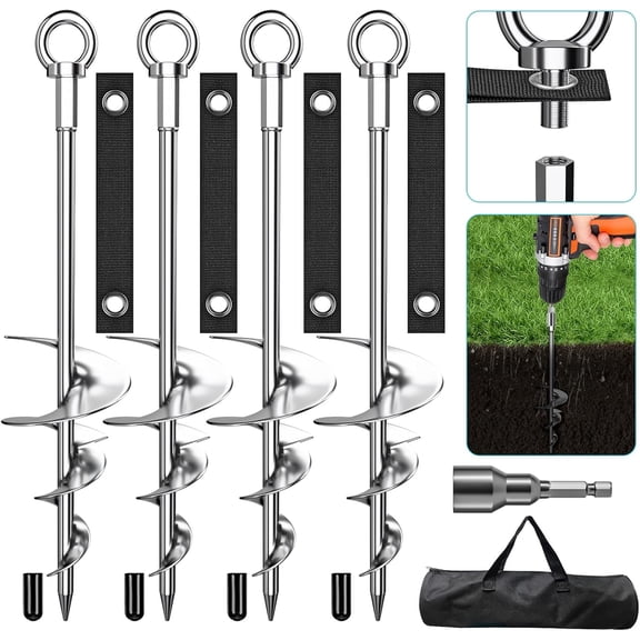 Ahot 18'' Ground Anchors, Fully Welded Heavy Duty Ground Anchors Screw in Swing Set Anchors Chrome Plating Anti Rust Ground Anchor with Straps for Dogs, Trampoline Stakes Resistant High Wind 4 Pack