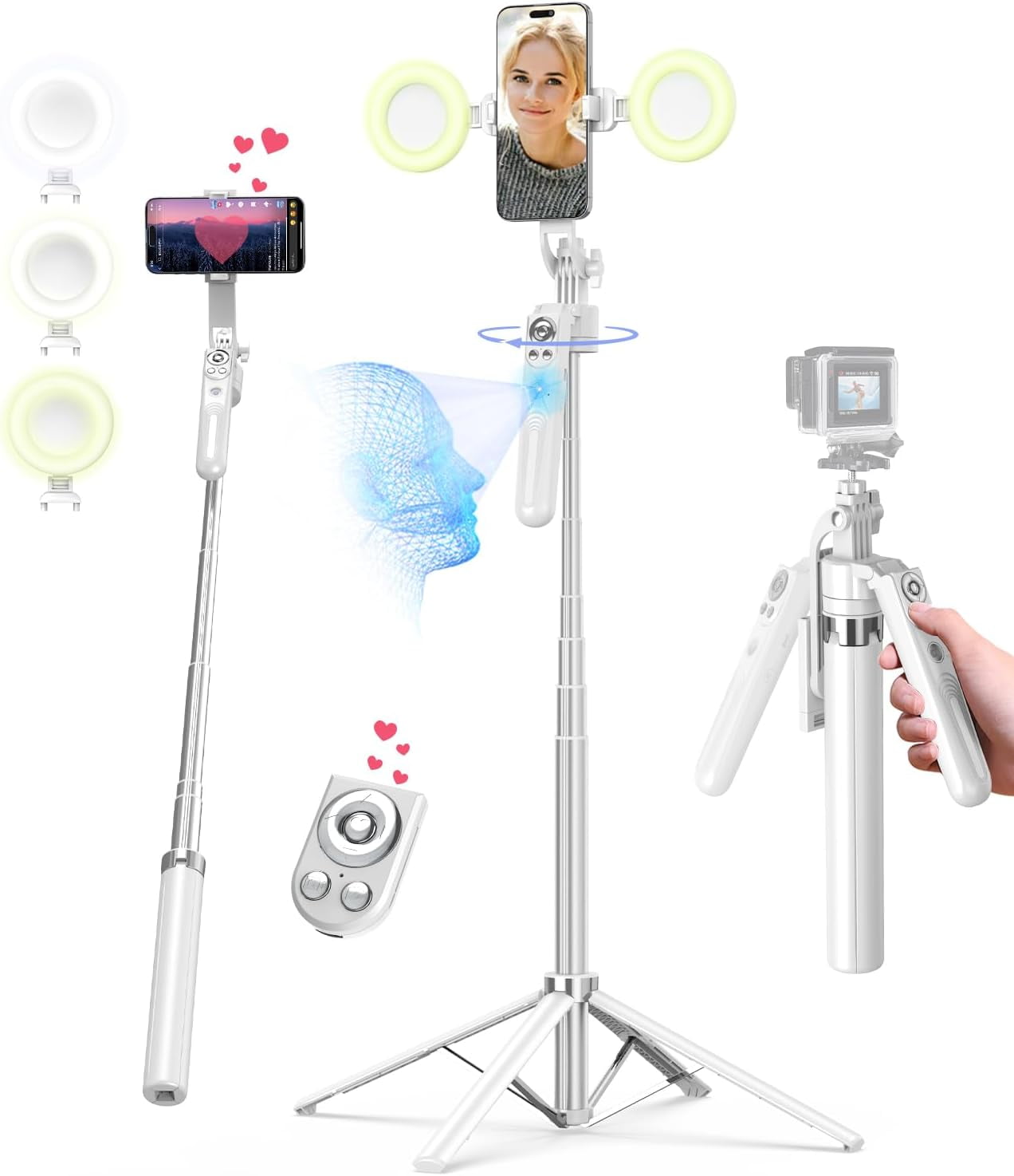 Ahot 71” Auto Face Tracking Tripod for iPhone with Light,360° Rotating Phone Stand with Rechargeable Remote Control for TikTok Vlog, Phone Tripod for Android Camera/GoPro/Ring Light (White)