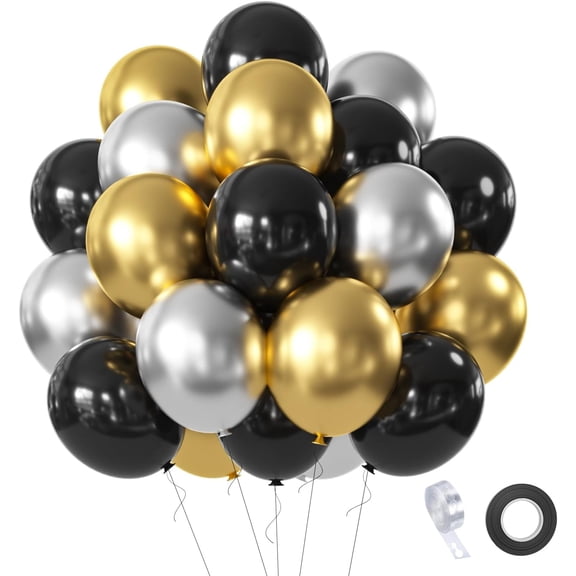 Ahot Black Gold Silver Balloons Set, 60 Pcs 12 Inch Metallic Chrome Gold Silver Balloon Black Silver Gold Balloons for Birthday, New Year, Wedding Party Decoration