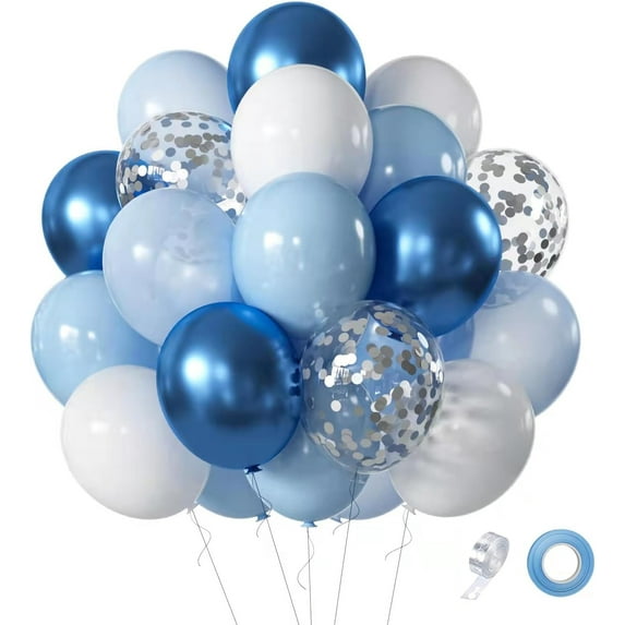 Ahot Blue White Balloons Set, 60 Pcs 12 Inch Metallic Chrome Blue Pearl Blue Balloons Light Blue Balloon for Baby Shower, Birthday, Bridal Shower, Wedding Party Decoration
