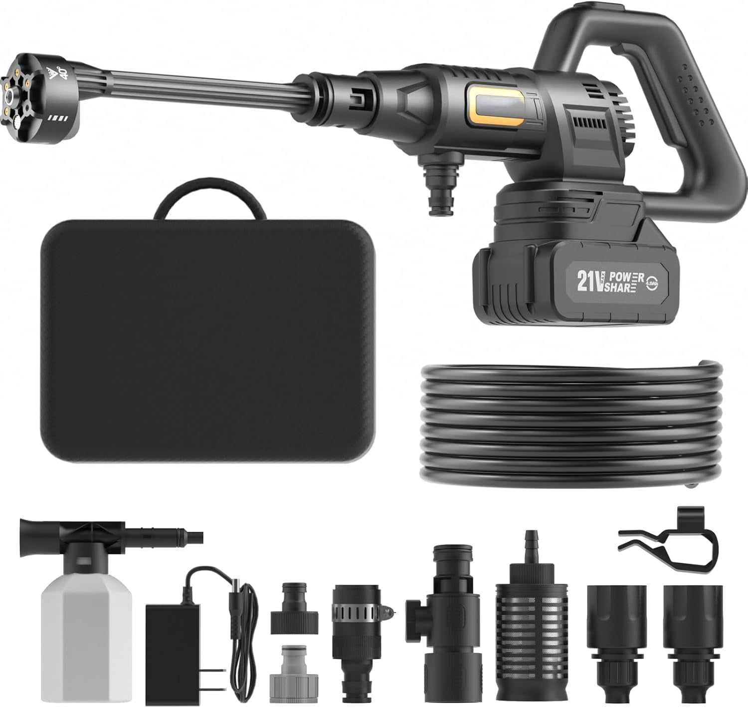 Ahot Cordless Pressure Washer Battery Powered; 1200PSI Cordless Power Washer with Brushless Motor, 4.0Ah Battery,6-in-1 Nozzle, 3 Power Level; Handheld Portable Pressure Washer Cordless (5022-BK2)