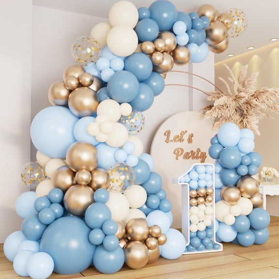 Ahot Dusty Baby Blue Balloon Arch Garland Kit, Different Sizes 18 12 10 5 inch Pastel Baby Blue Slate Fog Ivory White Metallic Gold Balloons for Men Boy Baby Shower Birthday Wedding Party Supplies