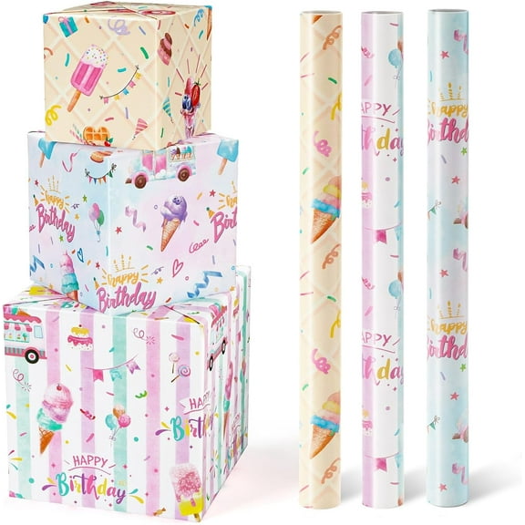 Ahot Ice Cream Wrapping Paper Rolls - 3 Short Rolls Birthday Wrapping Paper Rolls Pink Ice Cream Gift Wrap Paper Kids Wrapping Paper Rolls Summer Wrapping Paper with Cut Lines 17 in x 10 ft
