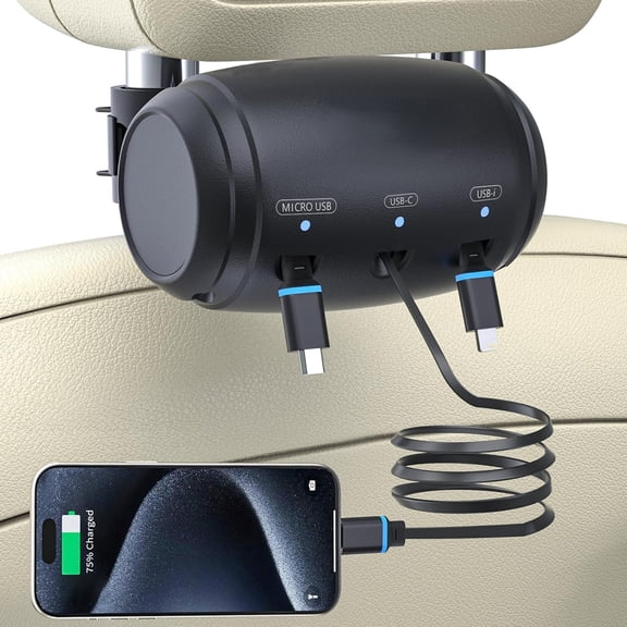Ahot Multi Retractable Car Charging Station Box, 3 in 1 Headrest Fast Power Charging Dock Cord USB Type C Fits iPhone 16/15/14/iPad/Android/Samsung|Uber Lyft Backseat Passengers Share Rid