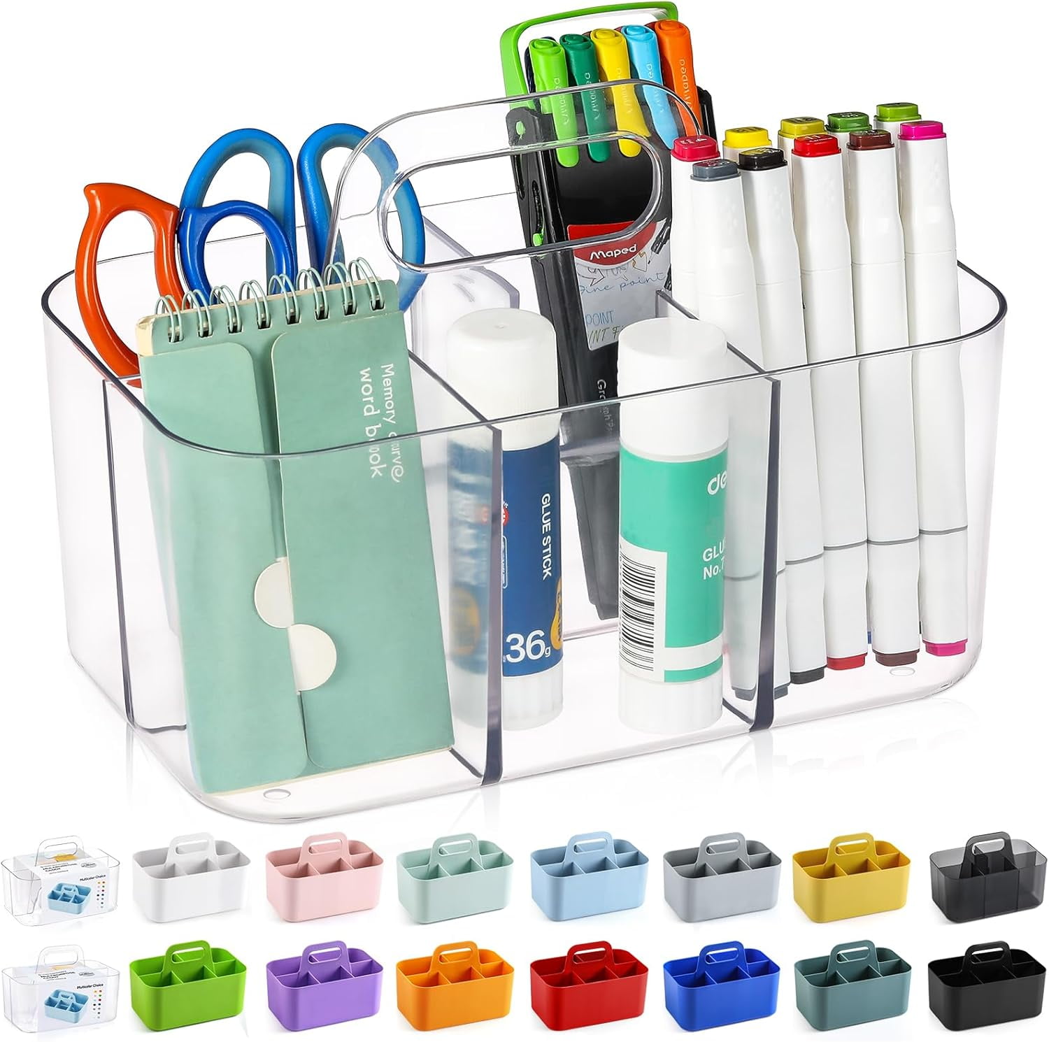 Ahot Multiuse Caddy Organizer with Handle - Stackable Plastic Tote Bin - Art Craft Supplies, Office, Desk, Stationery Pen Holder, Kitchen, Utensil, Makeup, Bathroom, Shower, Cleaning -Clear