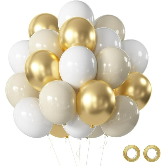 Ahot Sand White and Gold Balloons Set, 60 Pcs 12 Inch White Sand Gold Latex Balloons Gold and White Party Balloons For Birthday Baby Shower Engagement Wedding Anniversary Party Decorations
