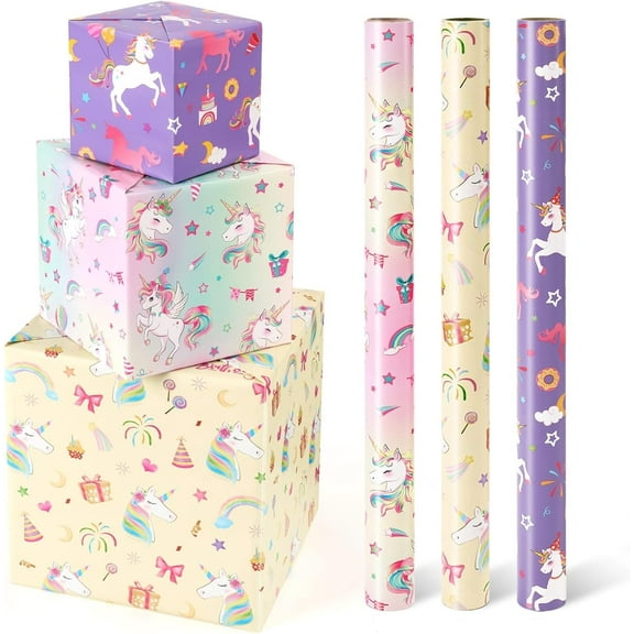 Ahot Unicorn Wrapping Paper Rolls - 3 Rolls 17”x120” Unicorn Birthday Wrapping Paper Rolls Pink Unicorn Rainbow Gift Wrap Paper Girls Purple Wrapping Paper Rolls Kids Bday Gift Wrap with Cutting Line