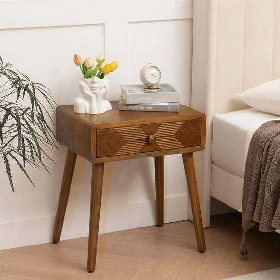 Ahoukua Mid-Century Modern Nightstand with Drawer, Brown Bedside Tables with Storage, Geometric Carved Design, Small End Table with Solid Wood Legs for Small Places, Bedroom, and Living Room