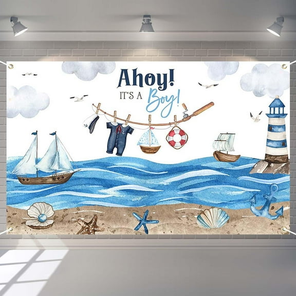 Ahoy It's A Boy Baby Shower Backdrop Blue Boy Nautical Baby Photography Background Ocean Sailor Navy Blue Baby Shower Party Decorations Banner Photo Booth Props