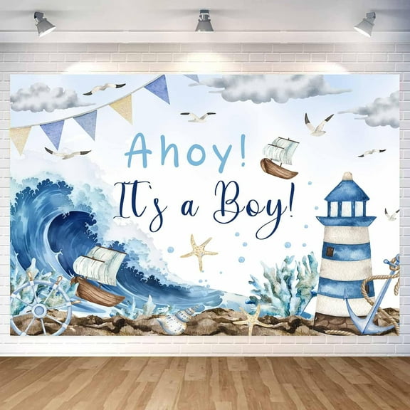 Ahoy It's a Boy Baby Shower Photo Backdrop Photography Background Navy Blue Nautical Beach Lighthouse Ship Backdrops Photo Booth Prop Decorations Banner