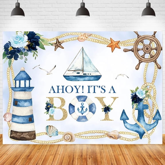 Ahoy It's A Boy Backdrop for Boys Nautical Ocean Lighthouse Ship Anchor Baby Shower Background Seagull Coral Seashell Starfish Conch Baby Shower Party Decorations Banner Photo Booth Props