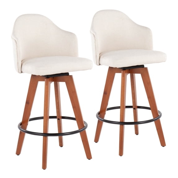 Ahoy Contemporary Fixed-Height Counter Stool With Walnut Bamboo Legs And Round Black Metal Footrest With Cream Fabric