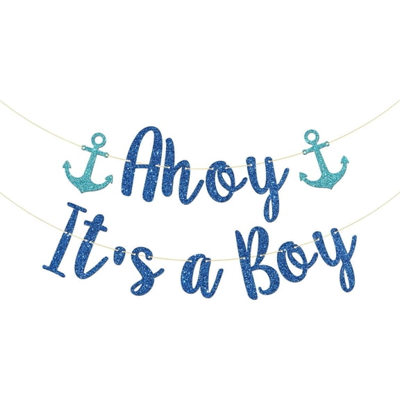 Ahoy It's a Boy Banner, Sailor Themed Party Decor, Baby Shower Gender Reveal, Nautical Party Decorations (Blue Glitter)