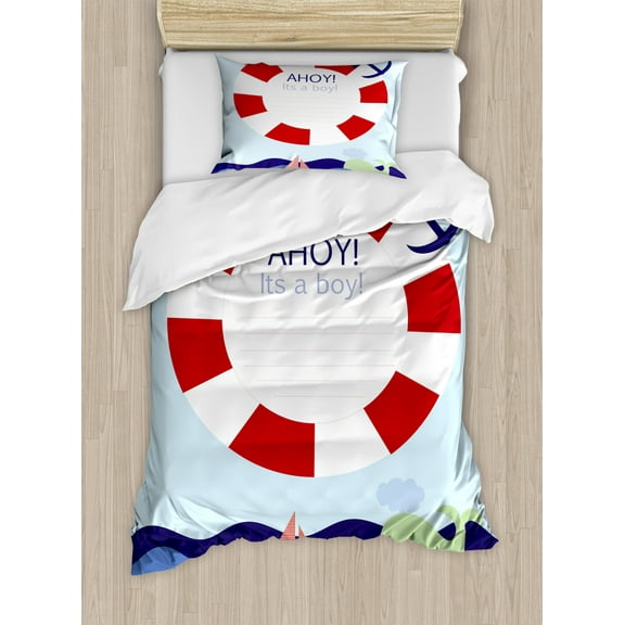 Ahoy Its a Boy Duvet Cover Set Twin Size, Announcement Card Inspired Composition Maritime Funny Sea Animals Theme, Decorative 2 Piece Bedding Set with 1 Pillow Sham, Multicolor, by Ambesonne