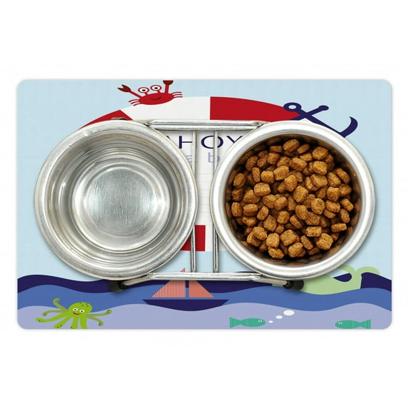 Ahoy Its a Boy Pet Mat for Food and Water, Announcement Card Inspired Composition Maritime Funny Sea Animals Theme, Non-Slip Rubber Mat for Dogs and Cats, 18" X 12", by Ambesonne