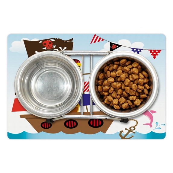 Ahoy Its a Boy Pet Mat for Food and Water, Pirate Kids Treasure Chest Ship on Ocean Background Illustration, Non-Slip Rubber Mat for Dogs and Cats, 18" X 12", by Ambesonne