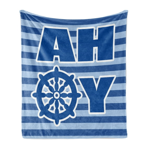 Ahoy Its a Boy Soft Flannel Fleece Blanket, Ahoy Written with Nautical Wheel Striped Nursery Wall Art Design, Cozy Plush for Indoor and Outdoor Use, 50" x 60", Blue Pale Blue White, by Ambesonne